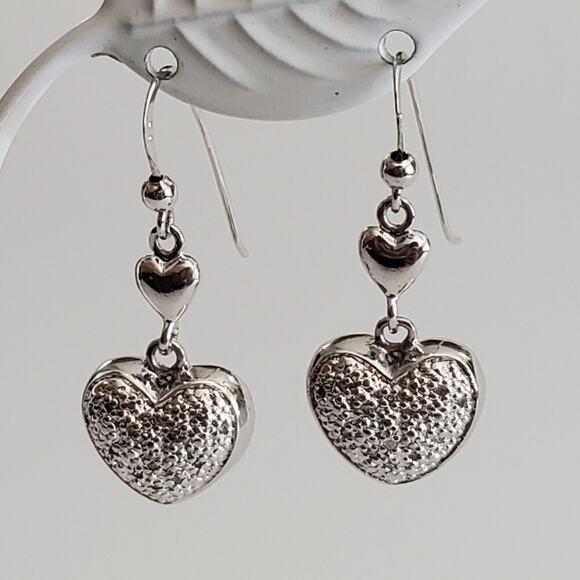 Sterling Silver 925 Puffy Filigree Hearts Pierced Hook Dangle Earrings - Picture 1 of 11
